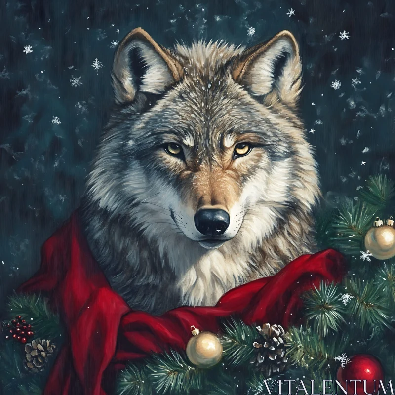 AI ART Winter Wolf with Christmas Decoration