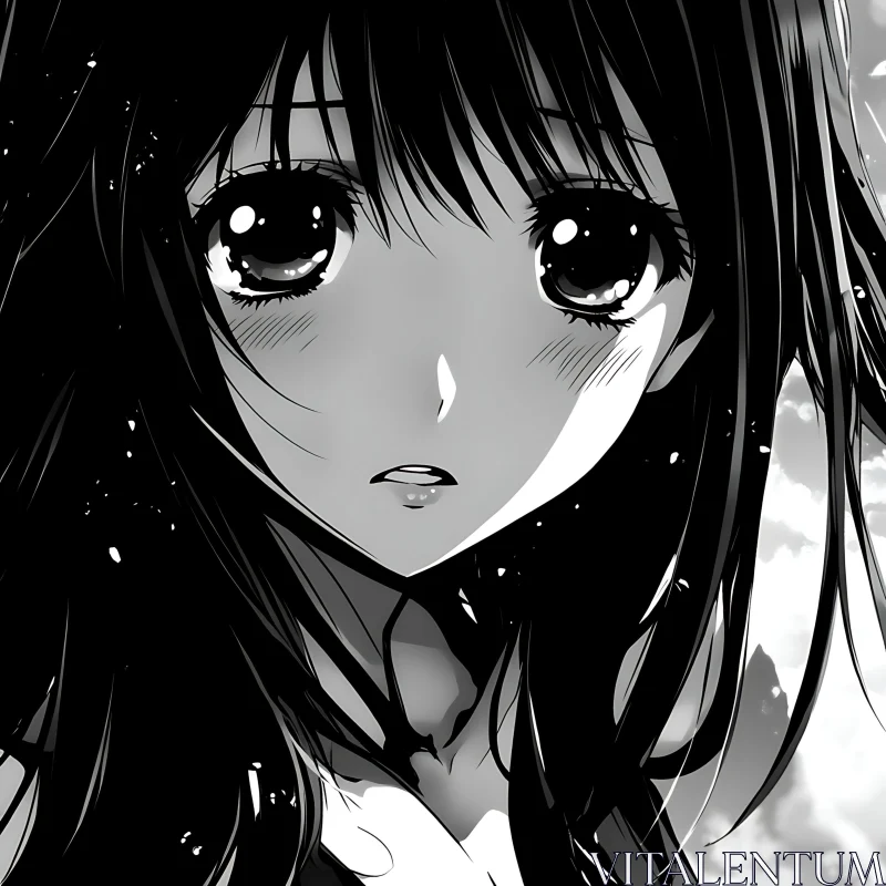 Emotional Black and White Anime Girl Portrait AI Image