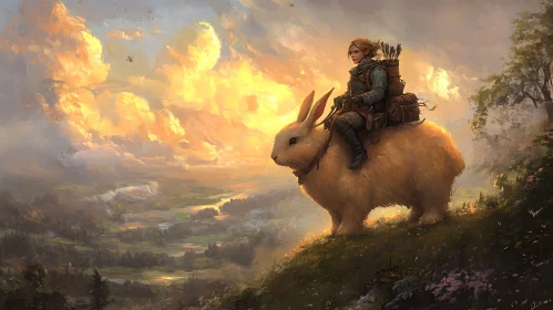 Whimsical Journey: Woman and Her Rabbit Steed