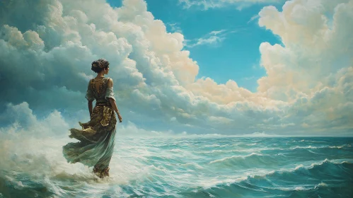 Lady in Flowing Dress by Ocean Waves with Vast Clouds