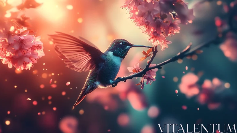 AI ART Hummingbird Amidst Blossoming Cherry Flowers