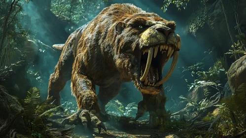Majestic Saber-Toothed Tiger Roaring in the Forest