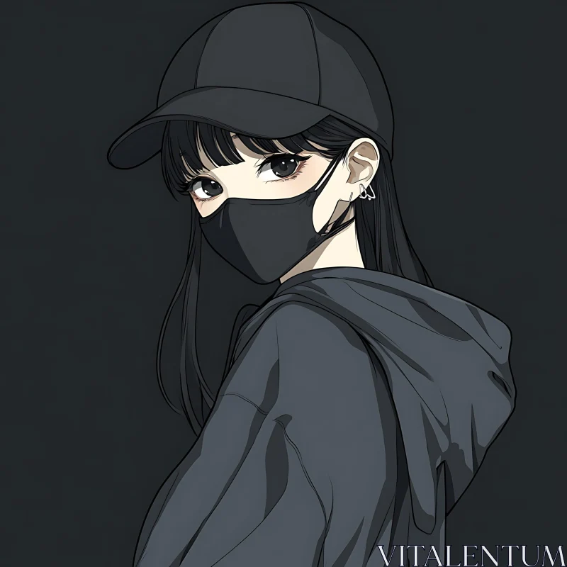 Mysterious Anime Girl in Black Cap and Face Mask AI Image