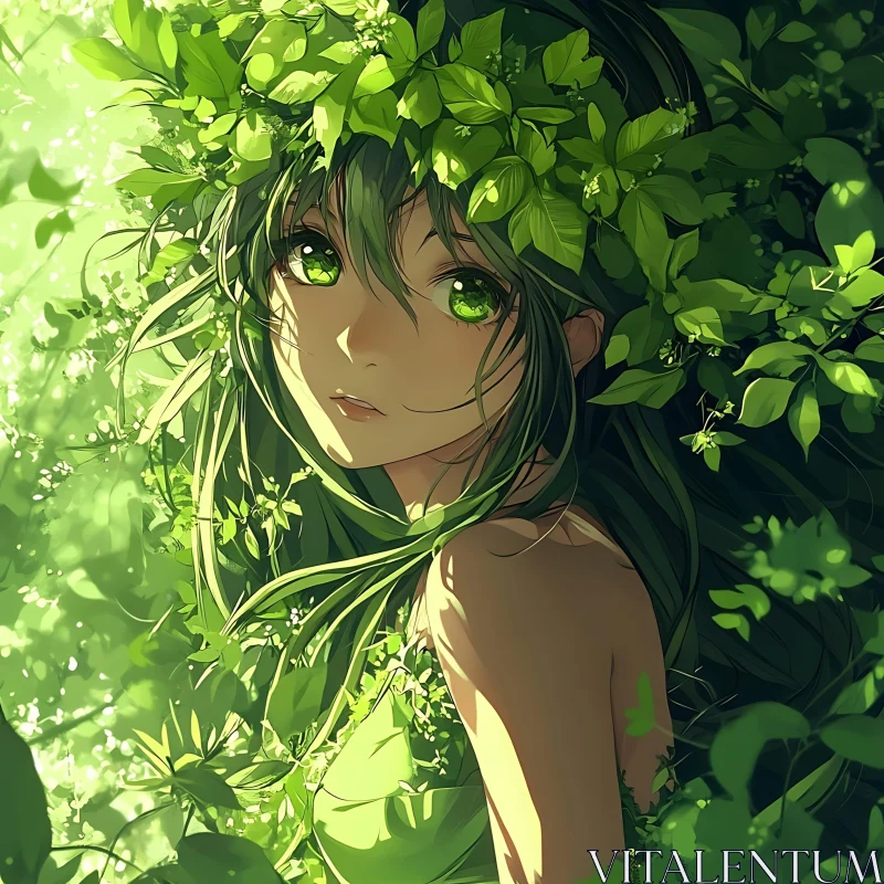 Anime Girl with Green Leaves and Foliage AI Image