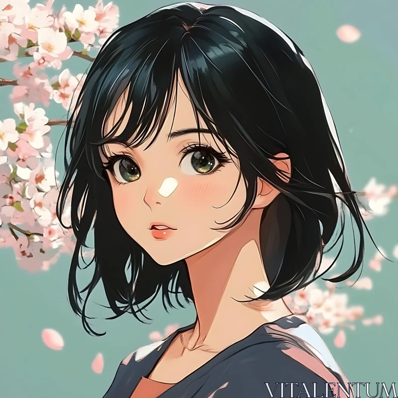 Anime Girl Amidst Cherry Blossoms in Spring AI Image