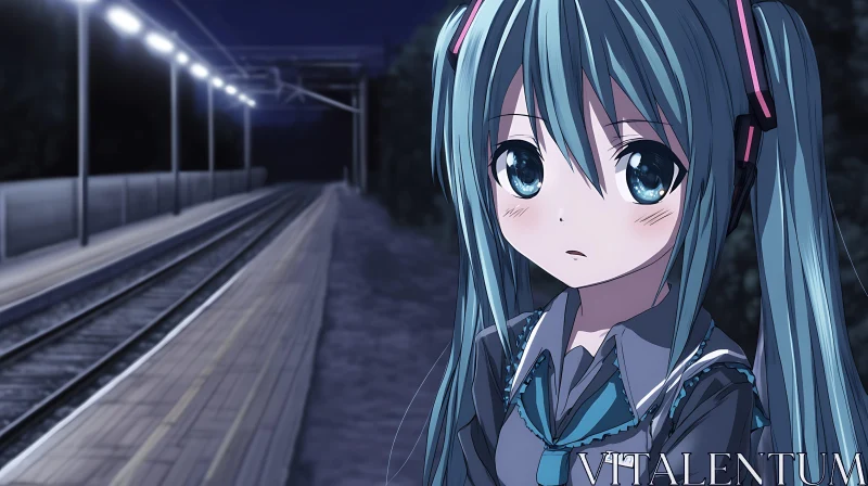 Melancholic Anime Girl Beside the Train Tracks AI Image