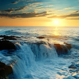 Coastal Sunset with Crashing Waves