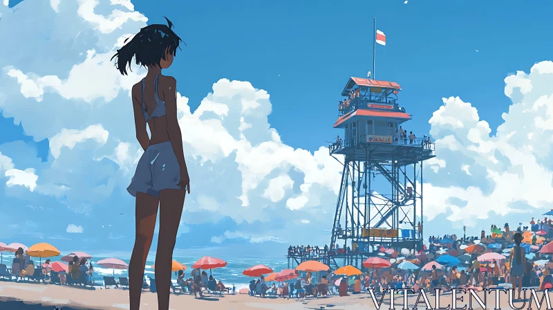 Crowded Beach Day in Anime Style AI Image