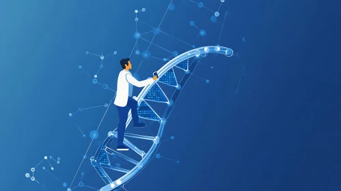 Man Ascending DNA Structure in Scientific Pursuit