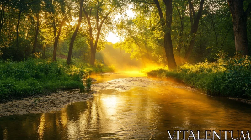 Sunlit Forest River Scene AI Image