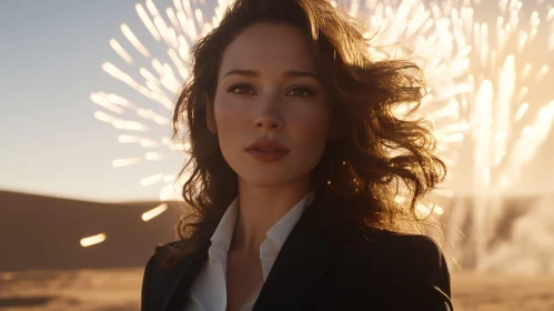 Elegant Woman and Fireworks in Desert