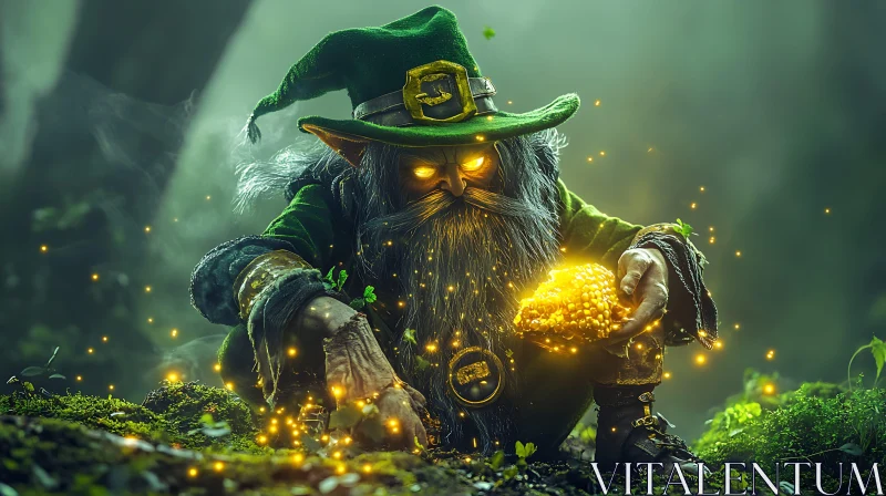 Forest Leprechaun with Glowing Gold AI Image