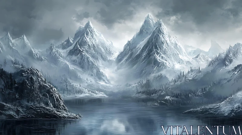 AI ART Winter Mountain Lake Serenity