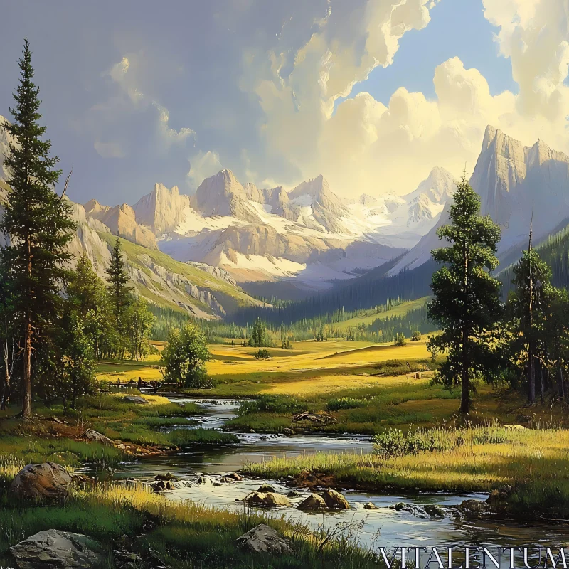 AI ART Scenic Mountain River Valley View