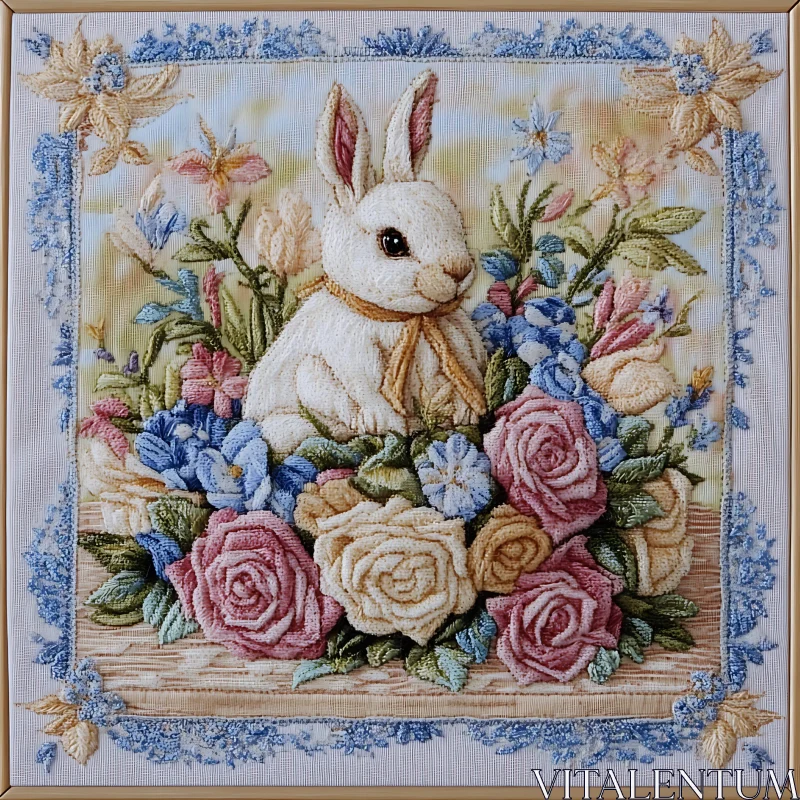 Embroidered Bunny Among Roses and Flowers AI Image