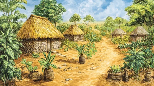 Tropical Village Scene with Thatched Huts