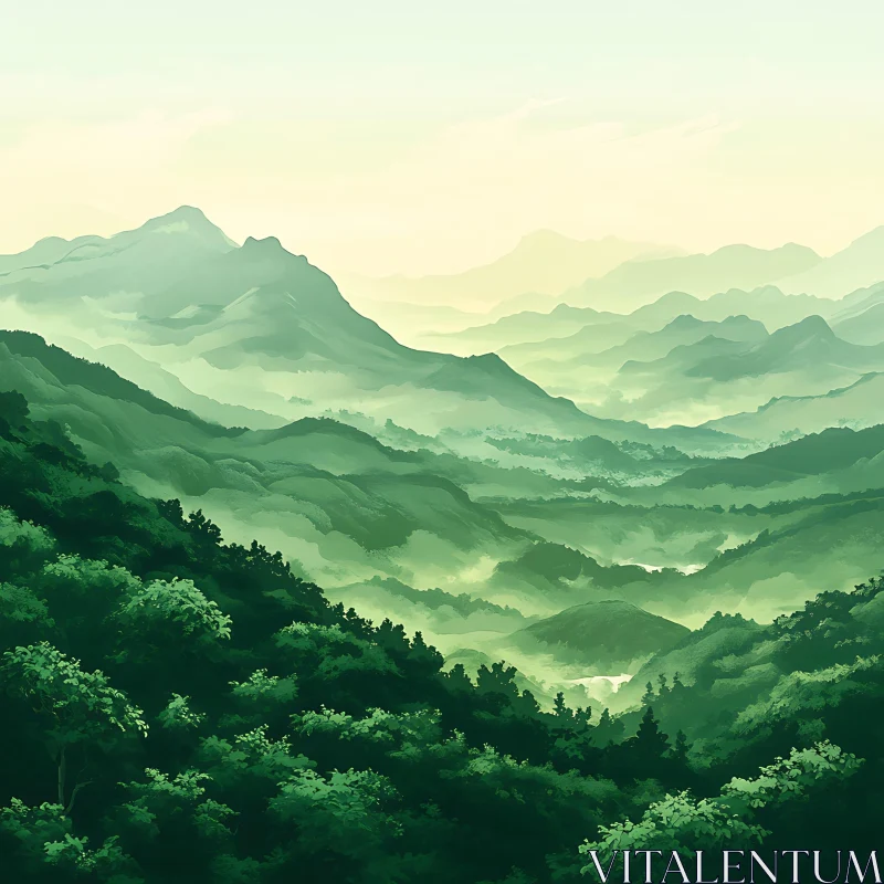 Peaceful Green Mountain Valley View AI Image