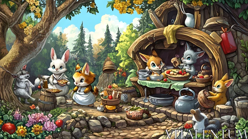 AI ART Cartoon Animals Cooking in Forest