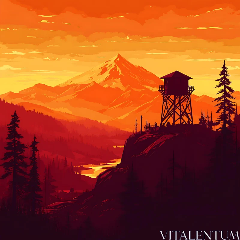 AI ART Sunset Mountain Lookout Silhouette