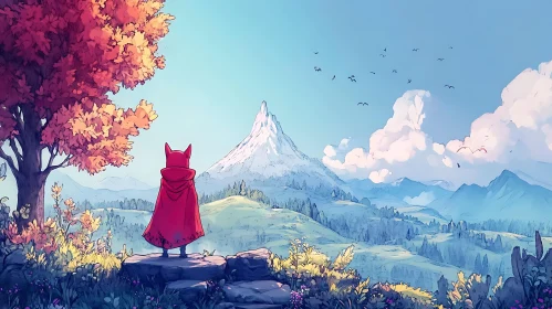 Red Cloak Contemplates Mountain Landscape