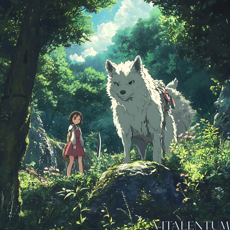 Mystical Anime Forest with Courageous Girl and Huge White Wolf AI Image