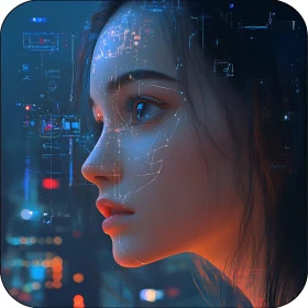 Futuristic Woman with Circuitry Overlay