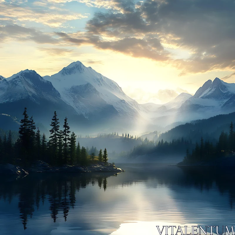 AI ART Snowy Mountains Reflected in Calm Lake