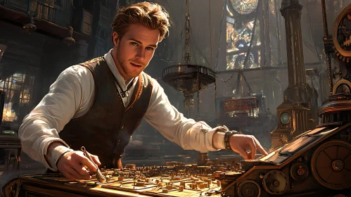 Man Crafting Steampunk Device