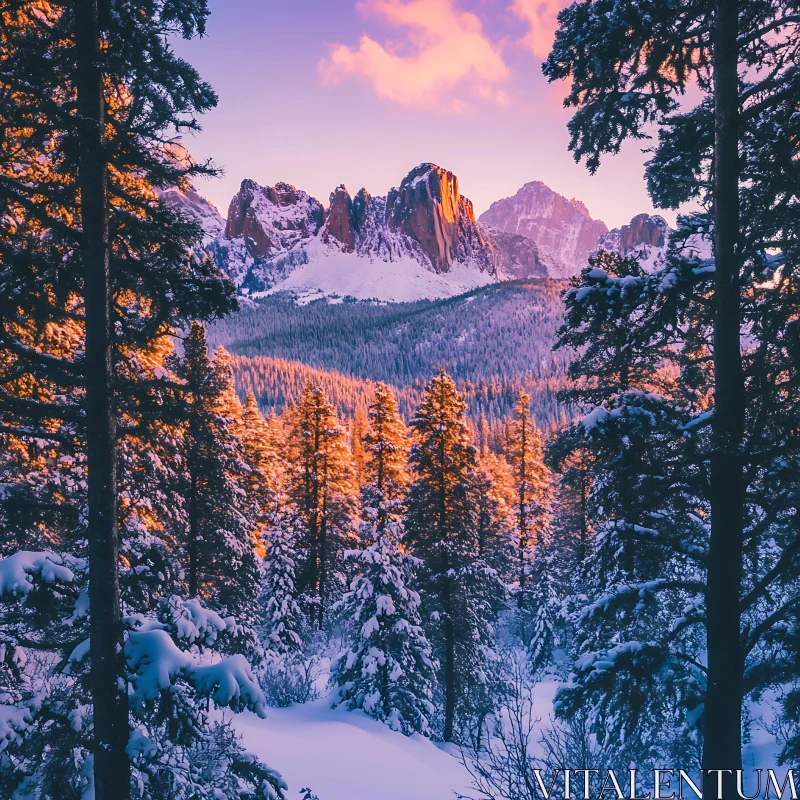 Snowy Mountain Forest at Sunset AI Image