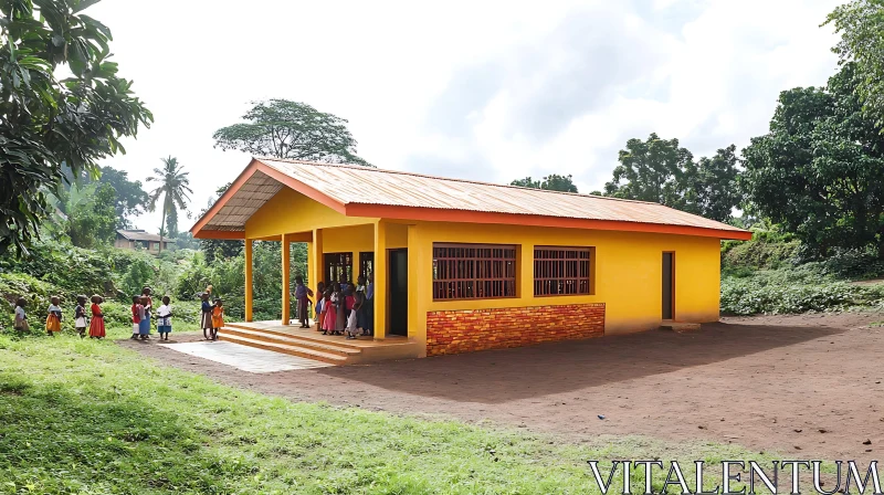 Yellow School Building in Rural Area AI Image