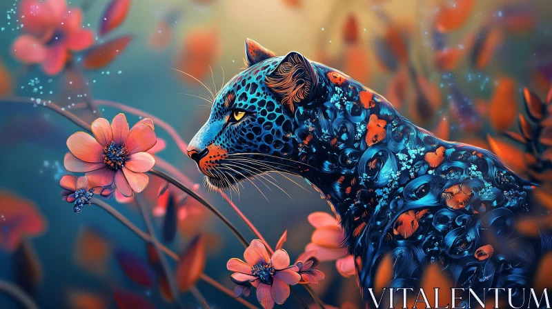 Blue Leopard with Peach Flowers AI Image