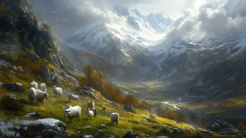 Pastoral Mountain Scene with Sheep