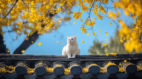 Peaceful White Cat with Falling Yellow Petals on Roof