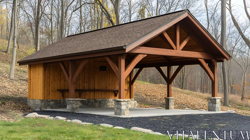 AI ART Rustic Wooden Pavilion in a Serene Forest Setting