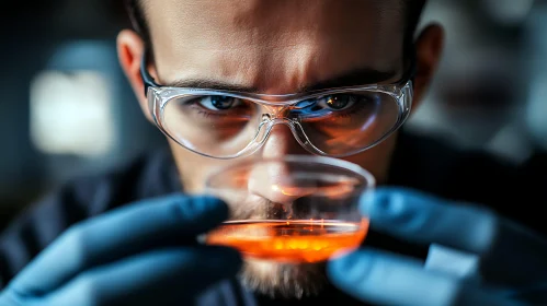 Scientist Analyzing Orange Liquid Sample