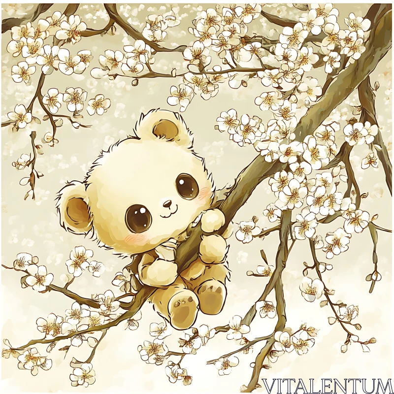 Cute Fluffy Bear Cub on Spring Blossom Tree AI Image