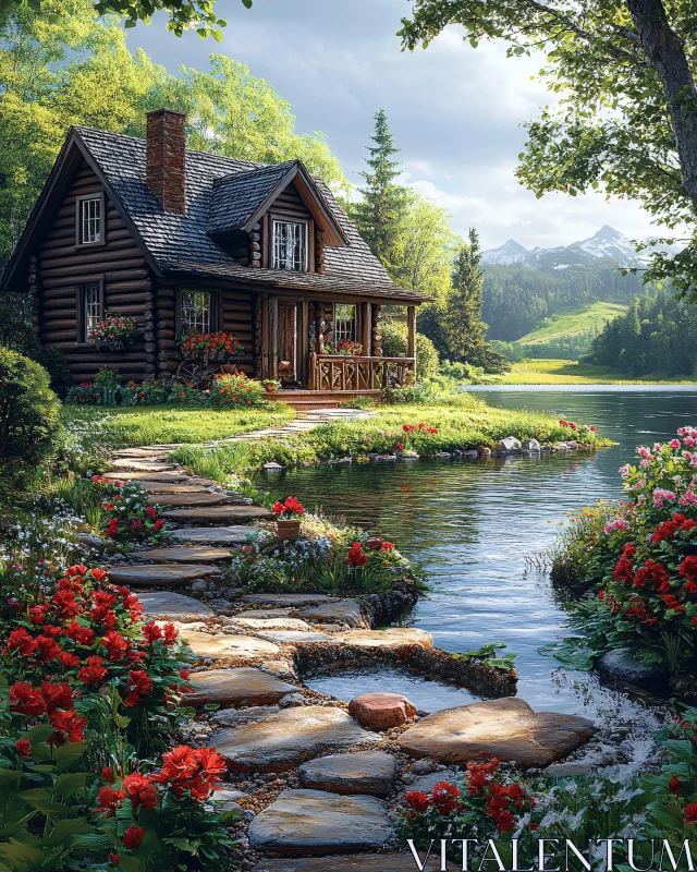 AI ART Peaceful Lakefront Cabin with Beautiful Garden