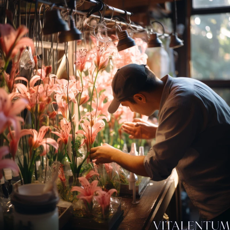 Man Inspecting Flower Under Enchanting Light - Eco-friendly Japanese Craftsmanship AI Image