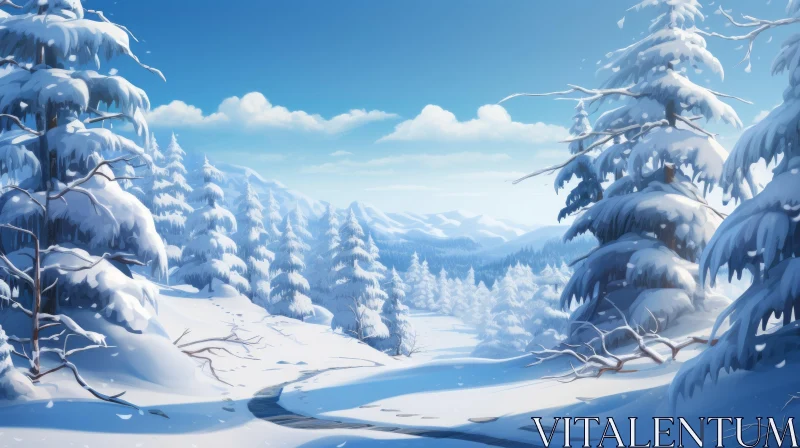 Winter Wonderland: Snow-Covered Forest and River Illustration AI Image
