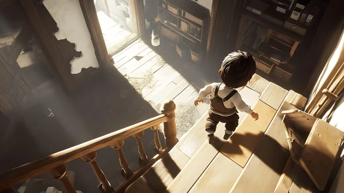 Boy Climbing Stairs in Warm Light