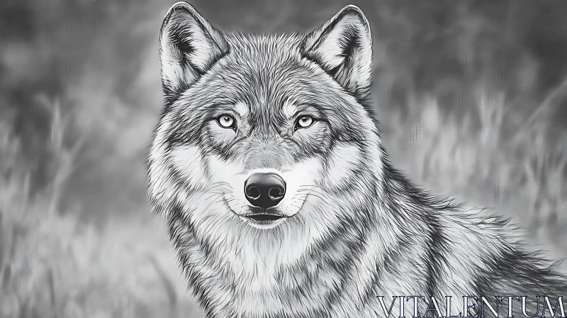 Detailed Wolf Illustration in Black and White AI Image