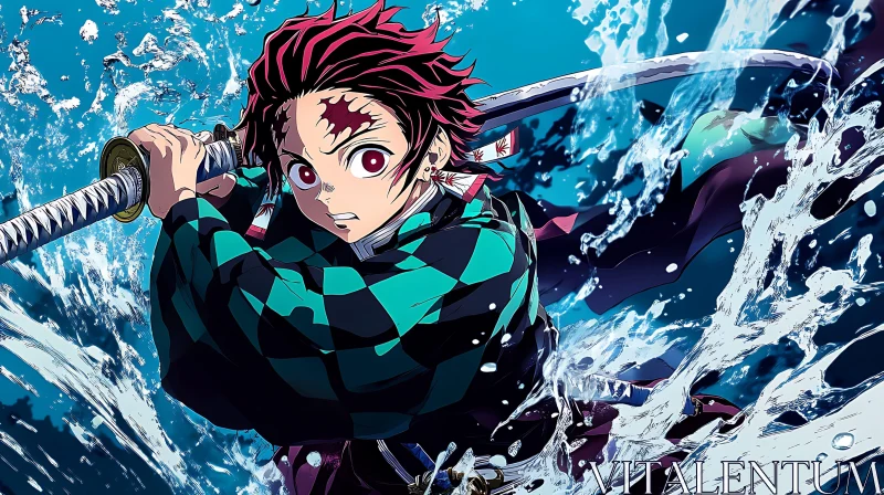 Anime Warrior with Katana in Water AI Image