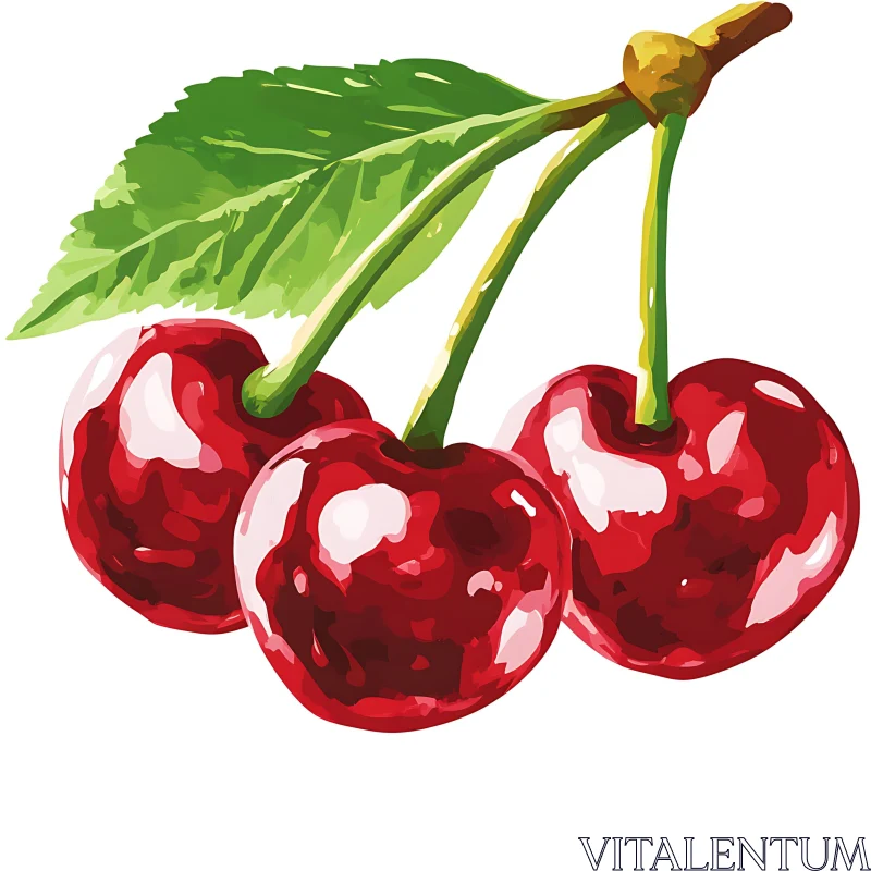 AI ART Luscious Red Cherries with Green Leaf