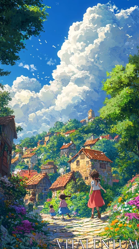 AI ART Idyllic Countryside with Children and Rustic Houses