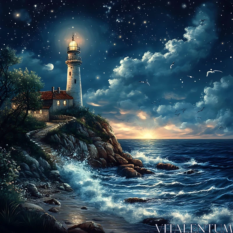 AI ART Coastal Beacon Under Starry Skies