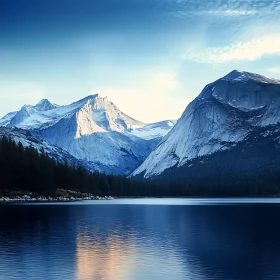 Snowy Peaks Reflected in Calm Waters