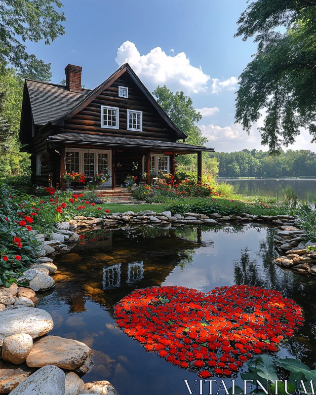 AI ART Picturesque Cabin and Floral Heart in Nature