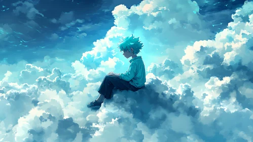 Teal-Haired Character Amidst Fluffy Clouds