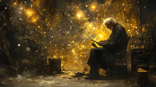 Man Reading Book Surrounded by Stars