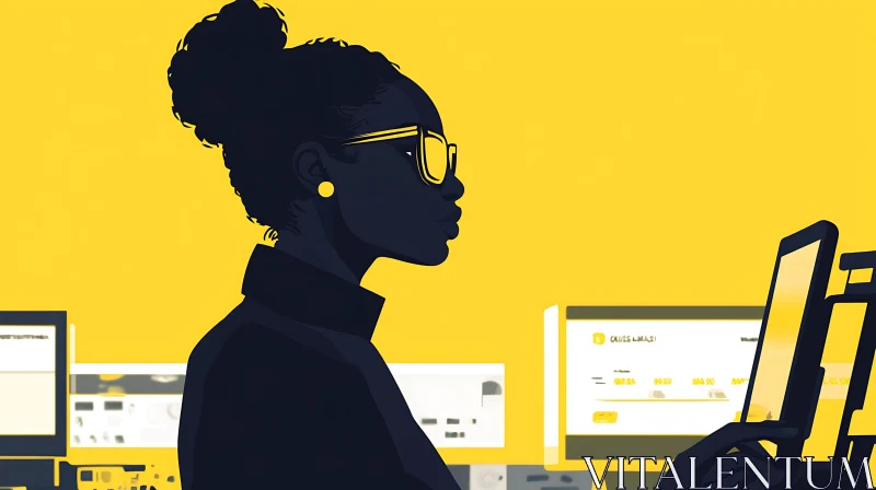 Woman at Computer with Yellow Background AI Image